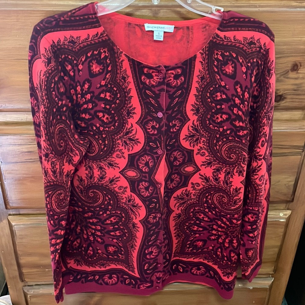 Isaac Mizrahi cardigan sweater red w/black design EUC only tried on szS
